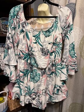 Peach Love California White Floral Romper with Teal & Pink Leaves